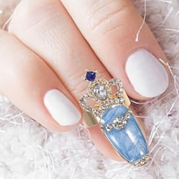 Fingernail Rings Nail Art Flower Crystal Blue Rhinestones Nail Rings Accessory - Picture 3 of 6